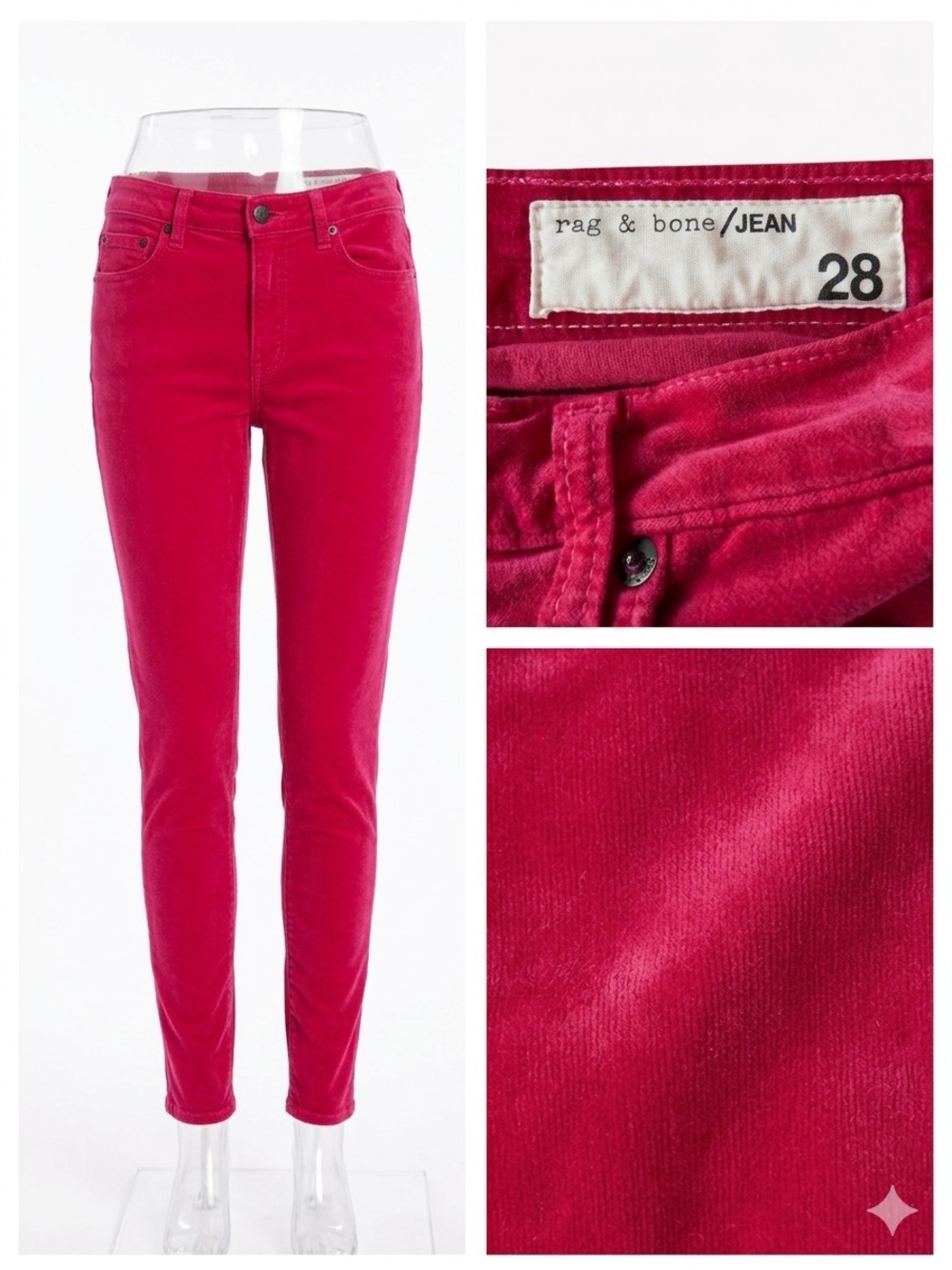 Rag & Bone Maximalism High-Rise Skinny Velvet Pants Jeans Hot Pink Fuschia W28